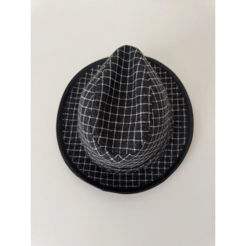 Perry Ellis Fedora Trilby Hat S/M Black Gray Plaid Wool Blend